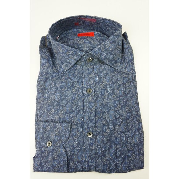 Isaia Blue Paisley Pocketed Long Sleeve 100% Silk Shirt Sz 15.5/39 NEW